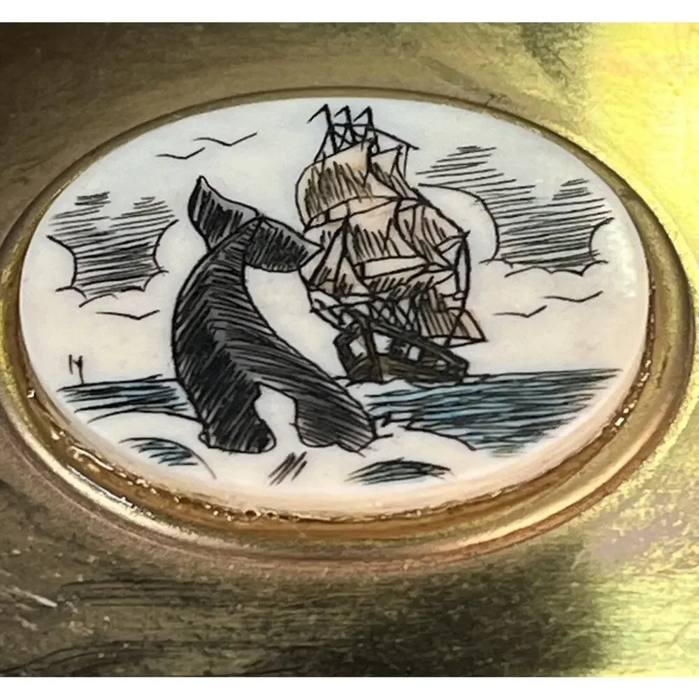 Handmade Fossil Scrimshaw Nautical Whaling Ship/ Whale Brass Belt Buckle